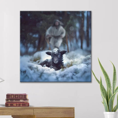 Square Christian wall art of Jesus rescuing a lost sheep in a snowy forest, perfect for Christmas gifts.