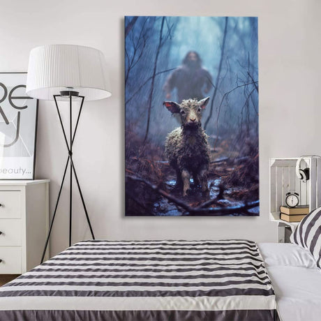 Jesus Running Toward a Lost Lamb in a Dark Rainy Forest Wall Art Canvas Print