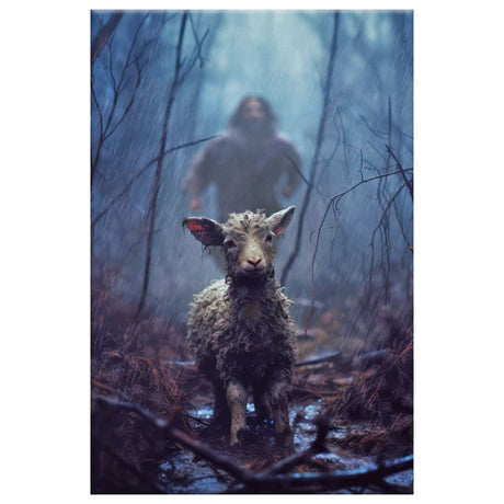 Jesus Running Toward a Lost Lamb in a Dark Rainy Forest Wall Decor, Christian Canvas Wall Art