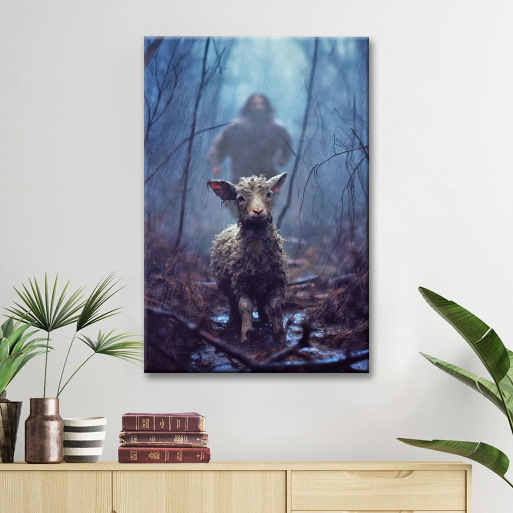 Jesus Running Toward a Lost Lamb in a Dark Rainy Forest Wall Art Canvas