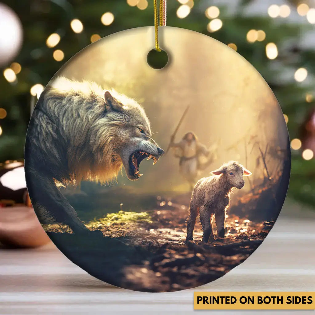 Jesus Running Towards Wolf and Lamb Ornament
