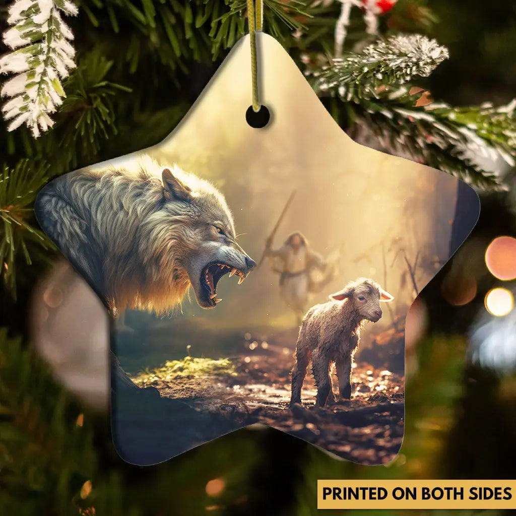 Jesus Running Towards Wolf and Lamb Ornament