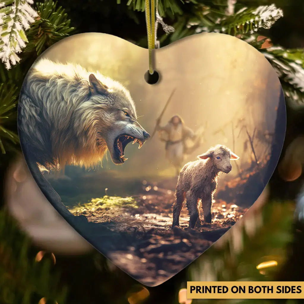 Jesus Running Towards Wolf and Lamb Ornament