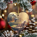 Faith-filled ornament showing Jesus running towards a wolf and lamb, symbolizing unity in Christian decor.