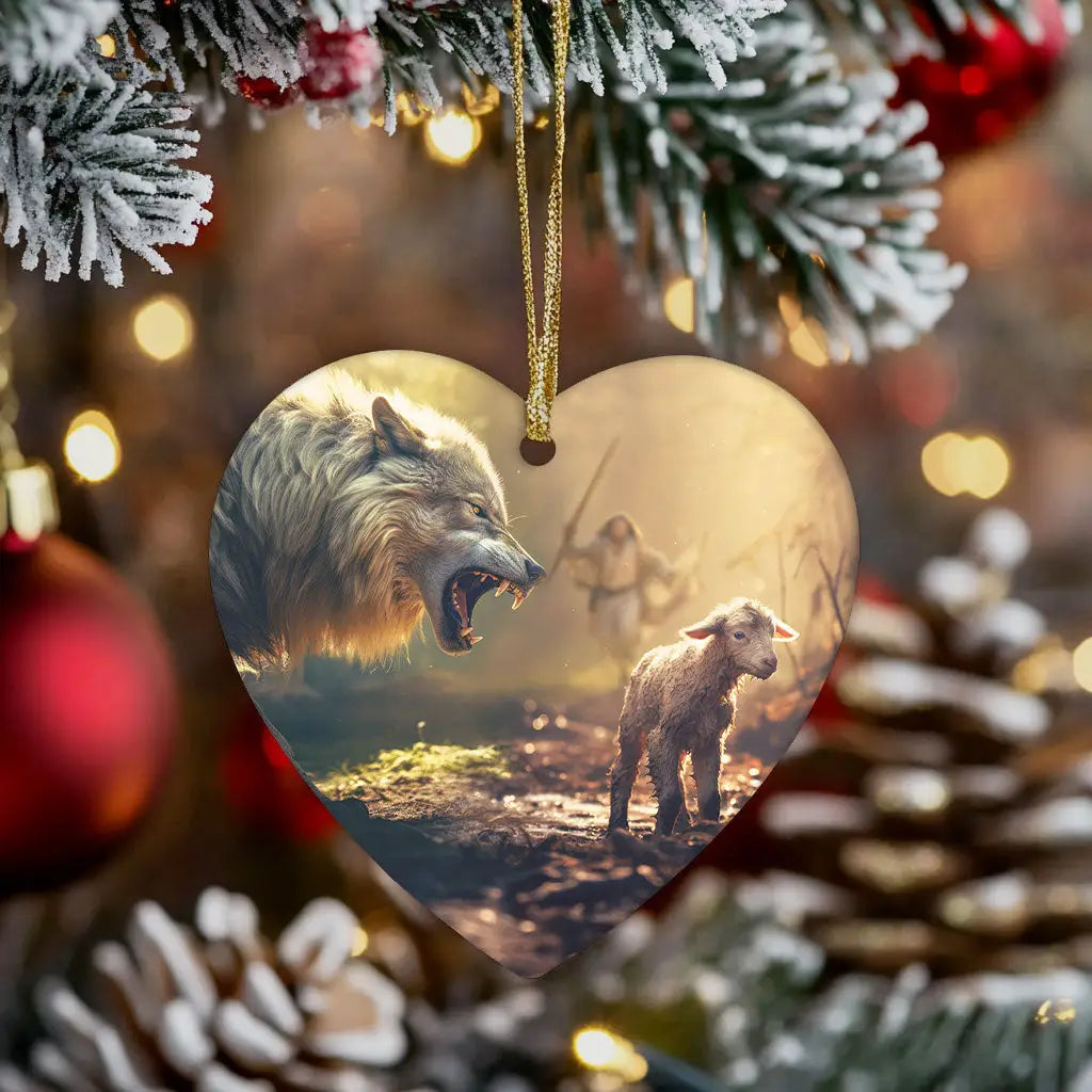 Faith-filled ornament showing Jesus running towards a wolf and lamb, symbolizing unity in Christian decor.