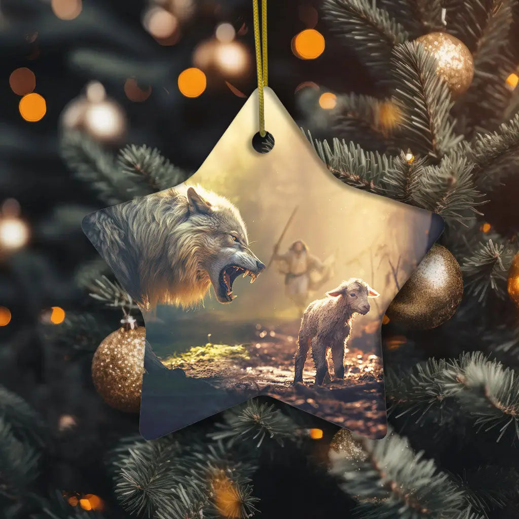 Jesus running towards a wolf and lamb, an inspirational ornament that embodies peace and faith this Christmas.