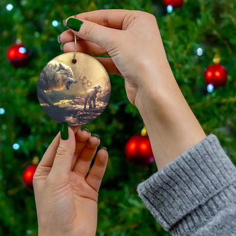 Inspirational Christmas ornament with Jesus running towards a wolf and lamb, a symbol of God's love.
