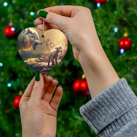 Inspirational ornament of Jesus with a wolf and lamb, perfect for Christian gifts and Christmas decor.