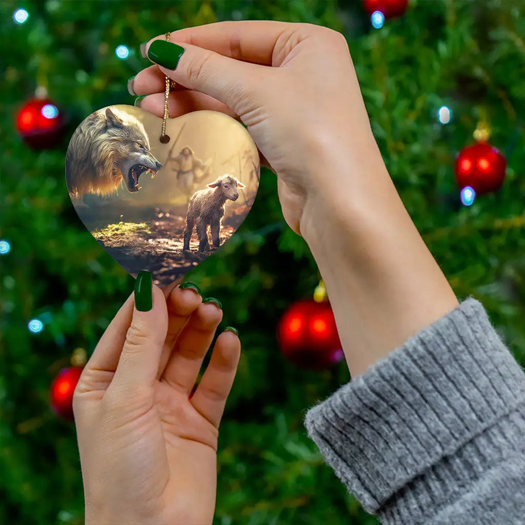 Inspirational ornament of Jesus with a wolf and lamb, perfect for Christian gifts and Christmas decor.