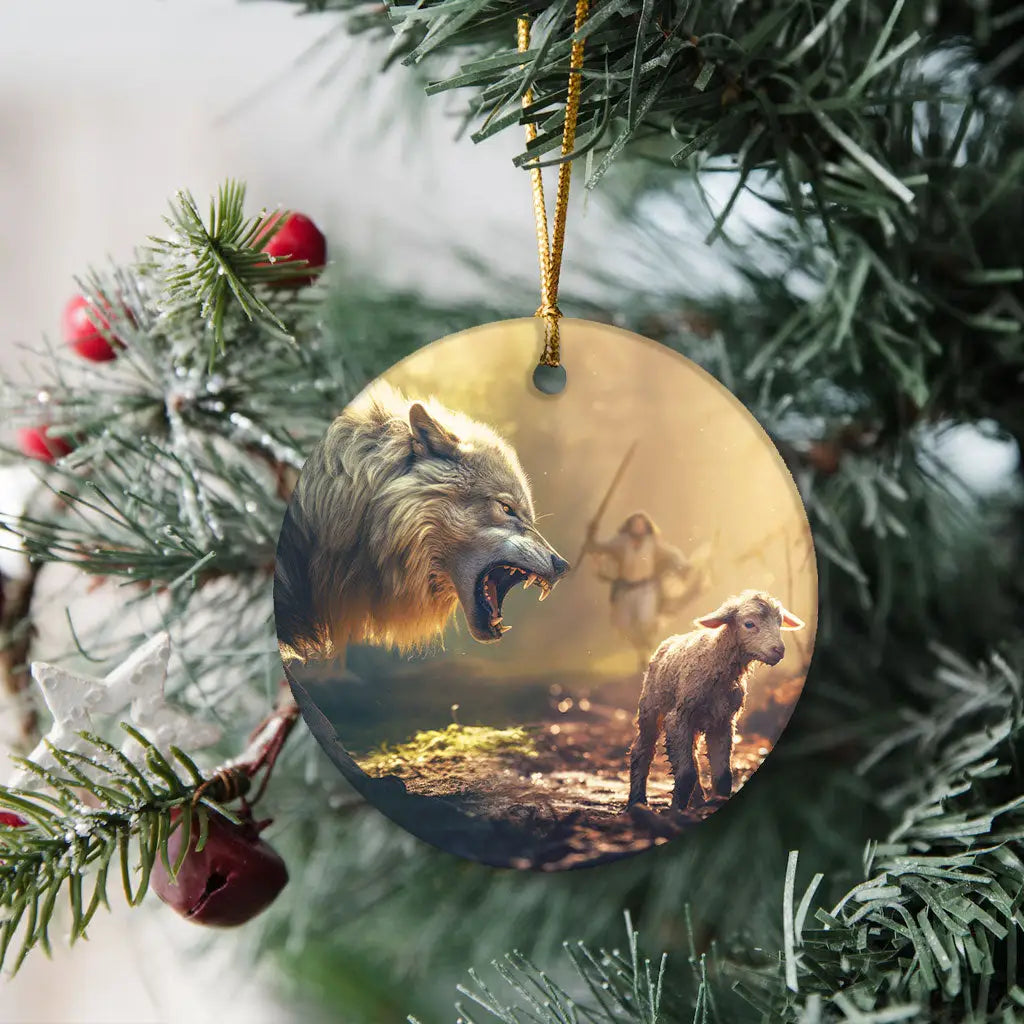 Faith-based Christmas ornament of Jesus running towards a wolf and lamb, representing harmony and faith.