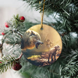Faith-based Christmas ornament of Jesus running towards a wolf and lamb, representing harmony and faith.