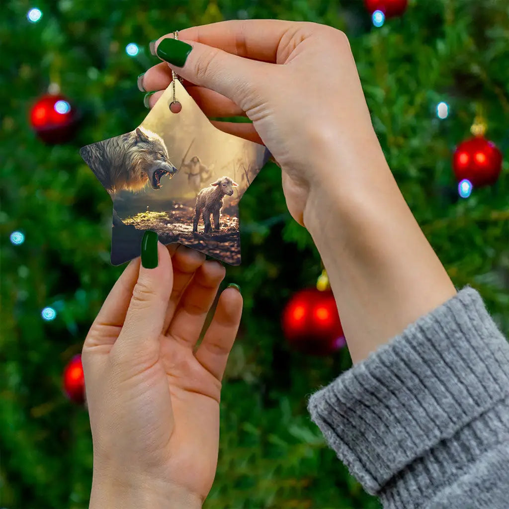 Christian Christmas ornament of Jesus running towards a wolf and lamb, a meaningful reminder of God&#39;s love.