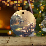 Christian ornament of Jesus running towards a wolf and lamb, symbolizing peace and faith for Christmas / Circle.