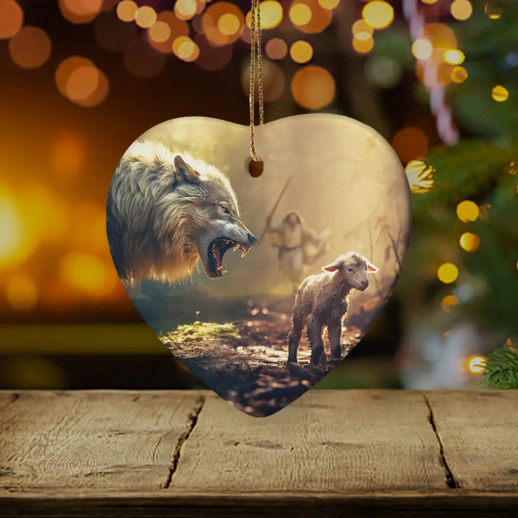 Christian ornament with Jesus running towards a wolf and lamb, bringing faith and peace to holiday decor / Heart.