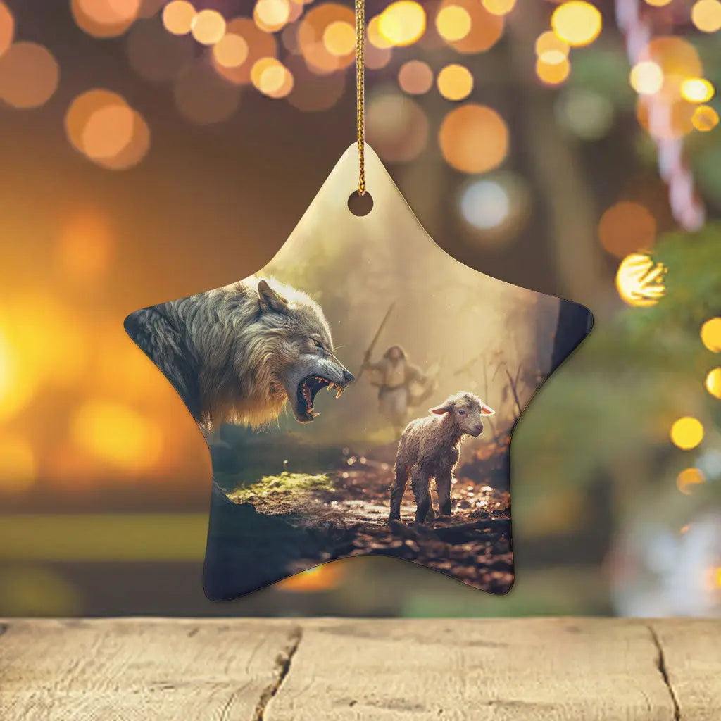 Jesus with a wolf and lamb ornament, a beautiful Christian decoration bringing faith and peace to Christmas / Star.