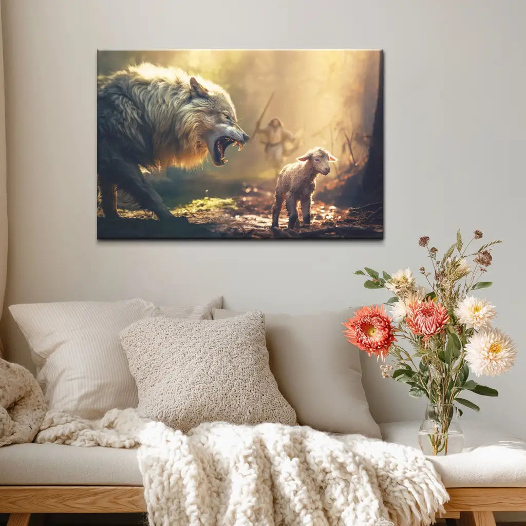 Jesus between wolf and lamb canvas, inspirational Christian artwork for faith and encouragement.