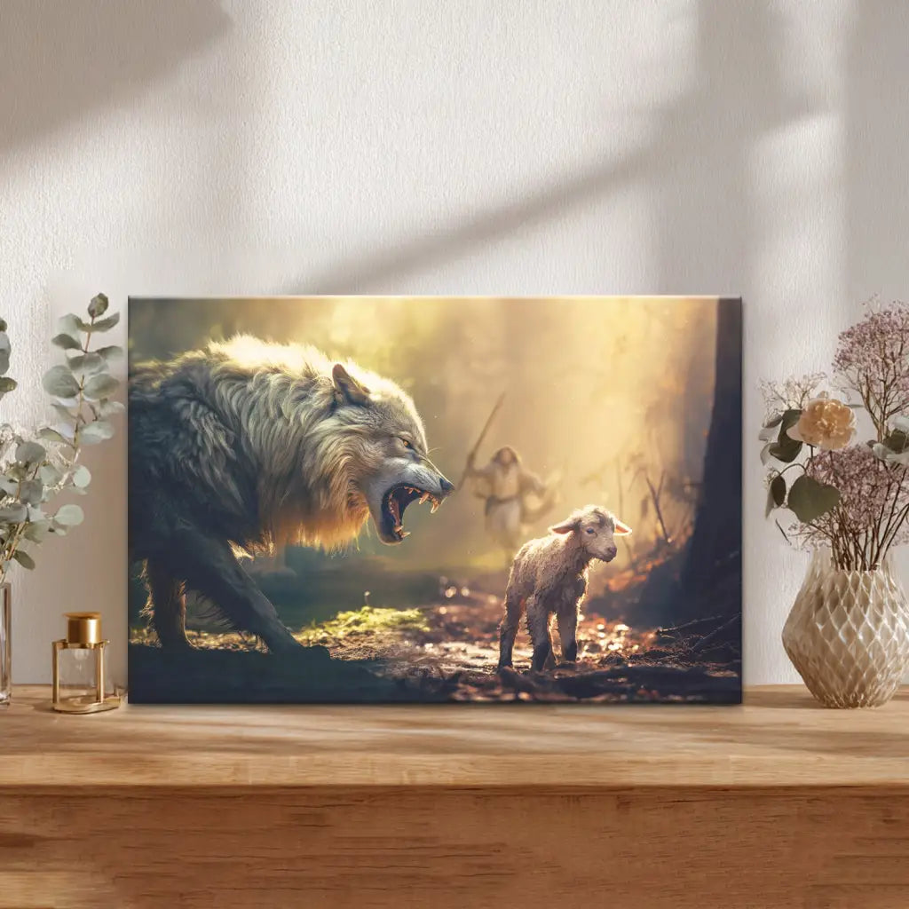 Christian canvas of Jesus saving lamb from wolf, powerful scripture gift for hard times and holidays.