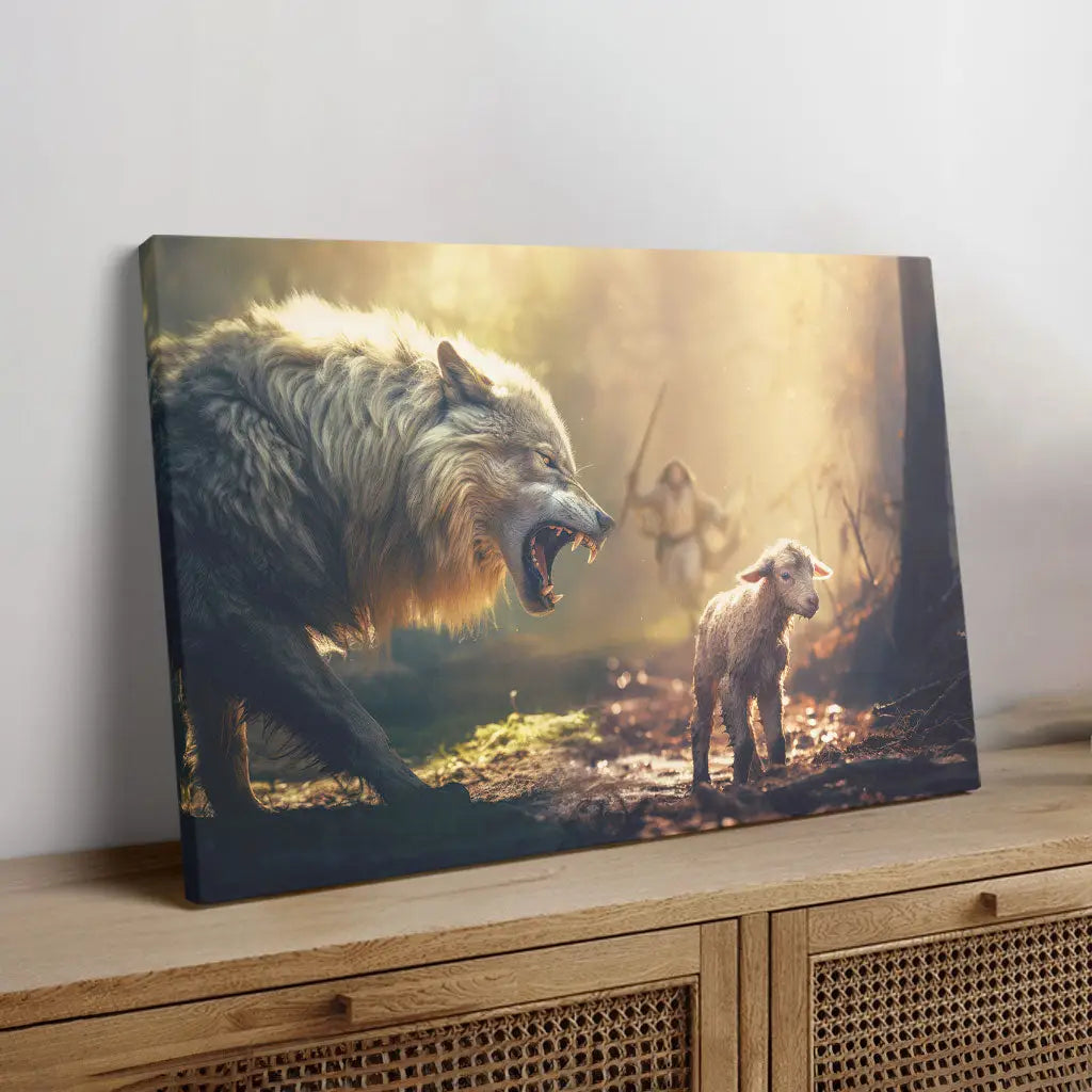 Christian wall art with Jesus running to protect lamb, faith-based gift of comfort and scripture.