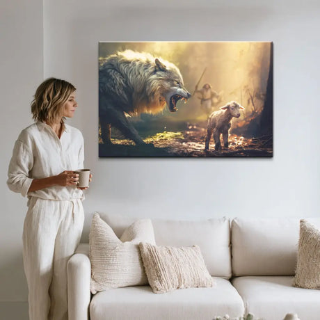 Inspirational wall art with Jesus, lamb, and wolf, Christian gift of protection, love, and faith.