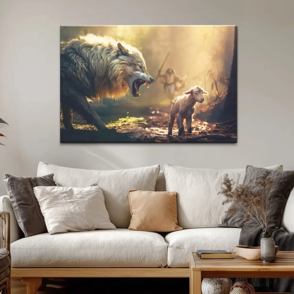 Jesus Running Towards Wolf and Lamb Wall Art Canvas