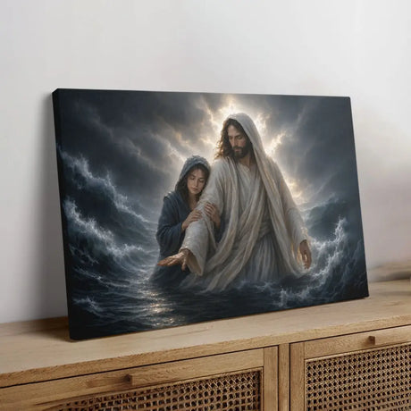 Christian wall art canvas showing Jesus protecting a woman during a fierce storm
