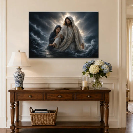 Christian canvas art of Jesus sheltering a woman from rain, wind, and ocean waves