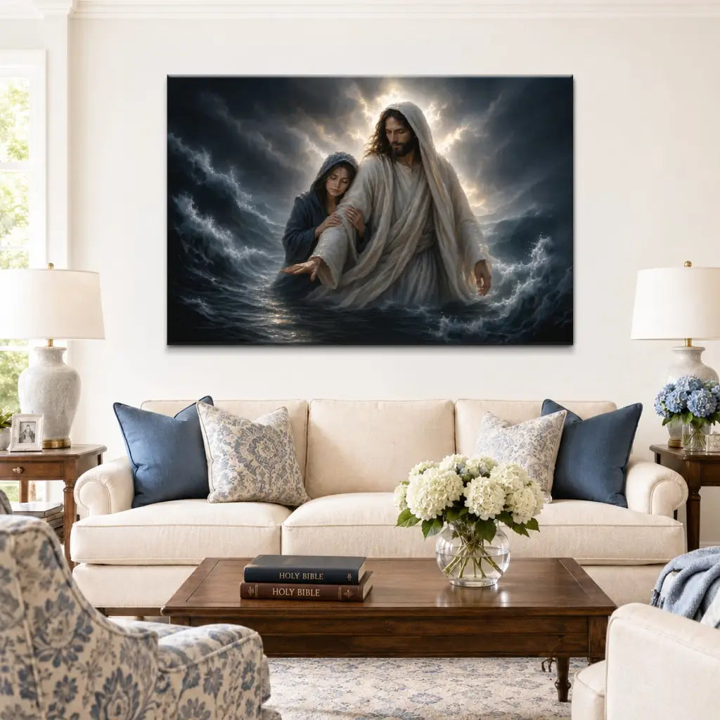 Jesus sheltering a woman in the storm Christian wall art canvas with powerful ocean waves
