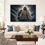 Jesus sheltering a woman in the storm Christian wall art canvas with powerful ocean waves