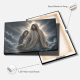 Faith based wall art featuring Jesus holding a woman safely through a storm