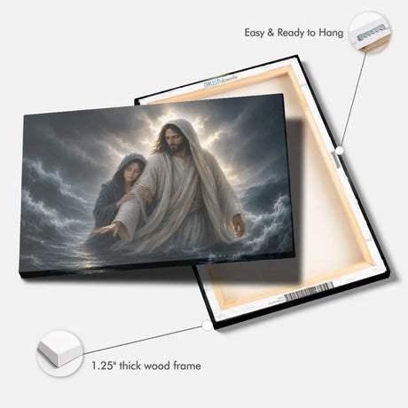 Faith based wall art featuring Jesus holding a woman safely through a storm