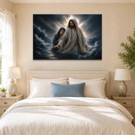 Jesus protects a woman in the storm inspirational Christian wall decor canvas