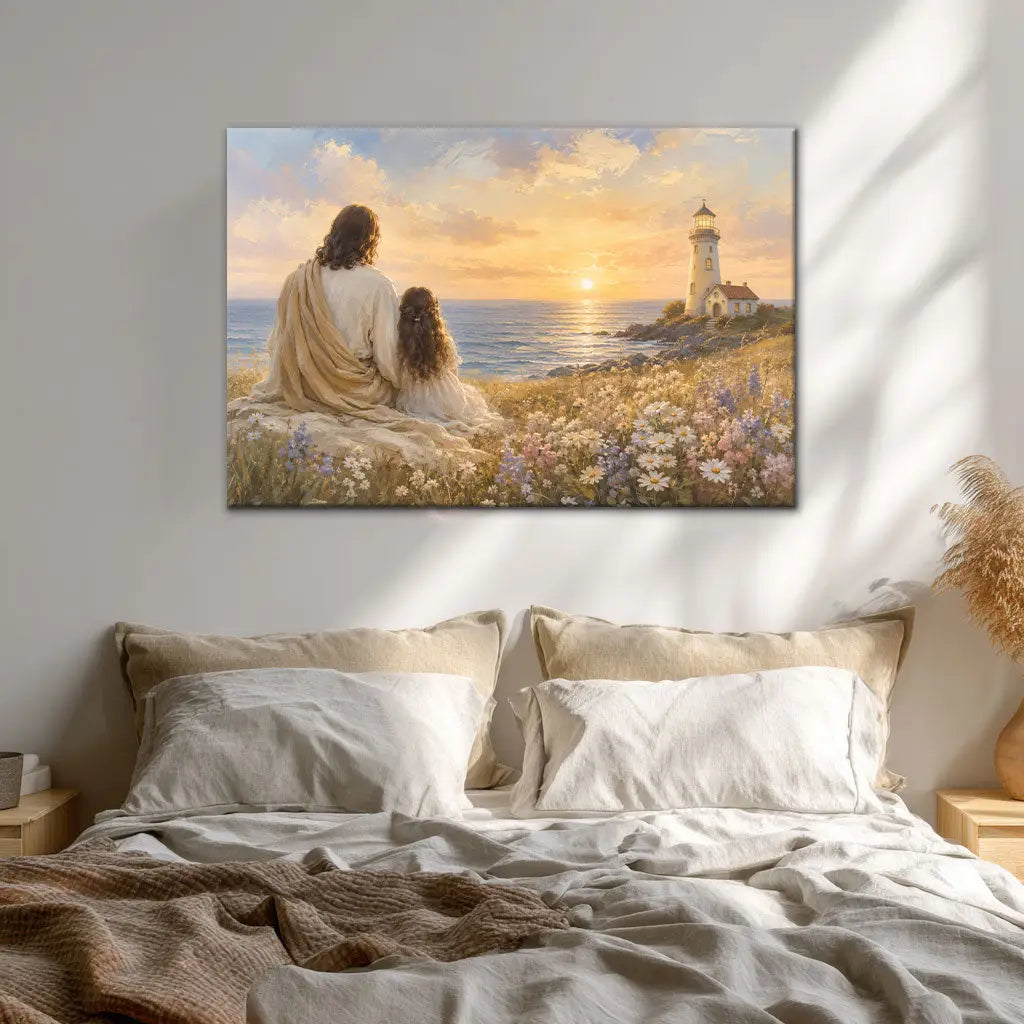 Faith based wall art Jesus sitting beside a little girl near ocean lighthouse sunset