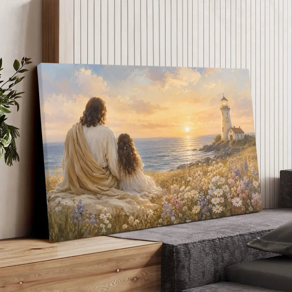 Jesus Sitting With A Little Girl By The Sea Lighthouse Sunset Christian Wall Art Canvas