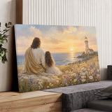 Jesus Sitting With A Little Girl By The Sea Lighthouse Sunset Christian Wall Art Canvas