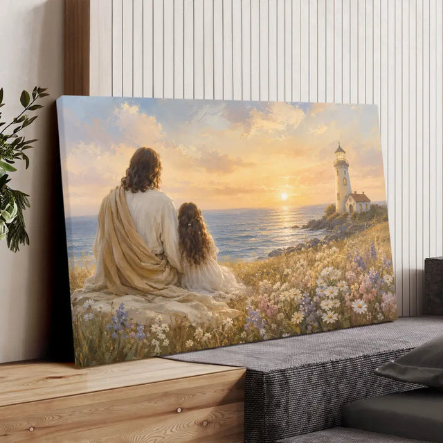 Jesus Sitting With A Little Girl By The Sea Lighthouse Sunset Christian Wall Art Canvas