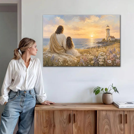 Jesus sitting with a little girl by the sea lighthouse sunset Christian wall art canvas