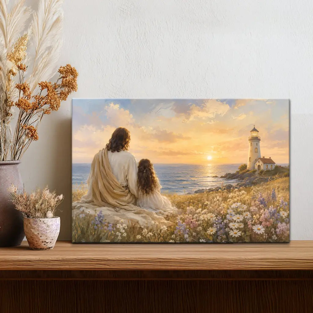Christian wall art canvas of Jesus and little girl by ocean with lighthouse sunset scene