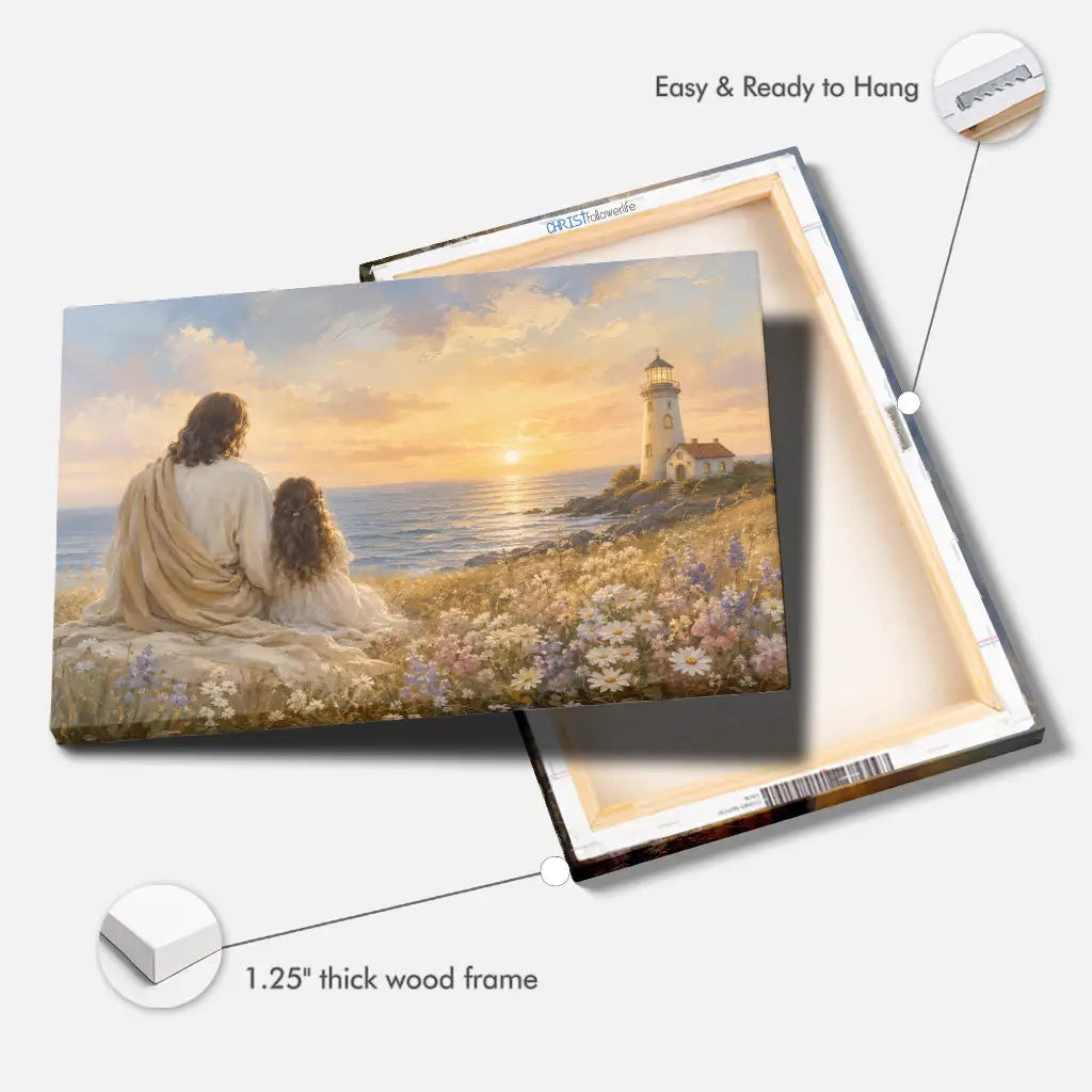 Christian gift canvas showing Jesus and little girl by the sea with lighthouse sunset