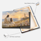 Christian gift canvas showing Jesus and little girl by the sea with lighthouse sunset