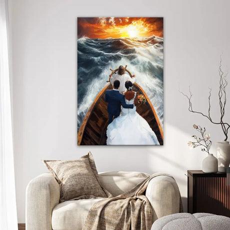 Inspirational canvas wall art with Jesus steering a ship, African couple version, ideal Christian gift for married believers.