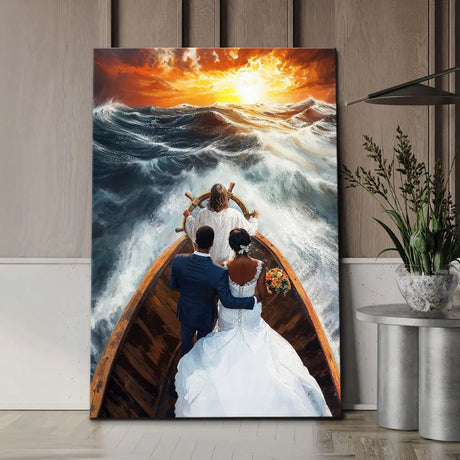 Christian wall art featuring Jesus steering a ship with an African married couple, perfect faith-based home decor.