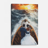 Religious wall art canvas featuring Jesus steering a ship with an African couple, perfect for faith-filled home decor.