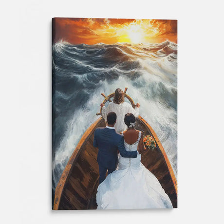 Religious wall art canvas featuring Jesus steering a ship with an African couple, perfect for faith-filled home decor.