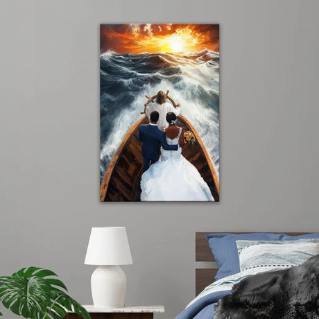 Christian Artwork with Jesus guiding an African married couple on a ship, great religious decor for Christian homes.