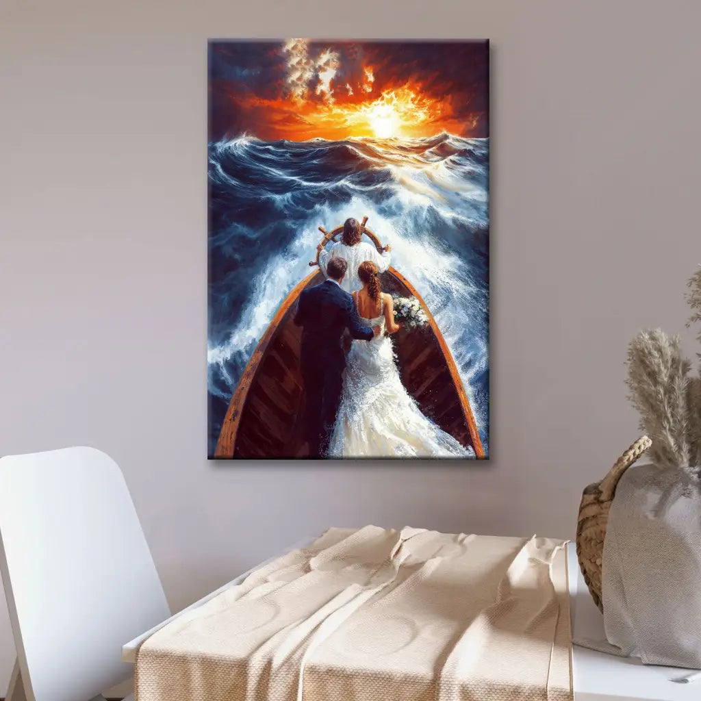 Inspirational wall art featuring Jesus taking the wheel and guiding a couple through storms, perfect for faith-based decor.
