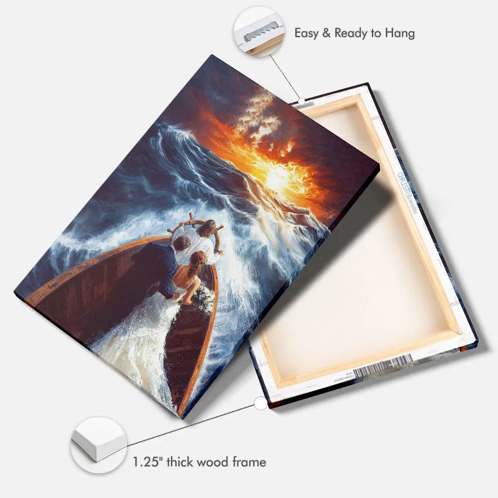 Ideal for Christian home decor, Jesus Taking the Wheel Guiding a Married Couple Through Storms Wall Art Canvas