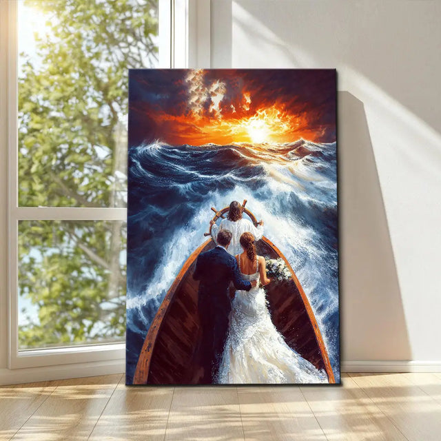 Jesus Taking the Wheel Guiding a Married Couple Through Storms, Christian Wall Art Canvas, Christian Artwork.