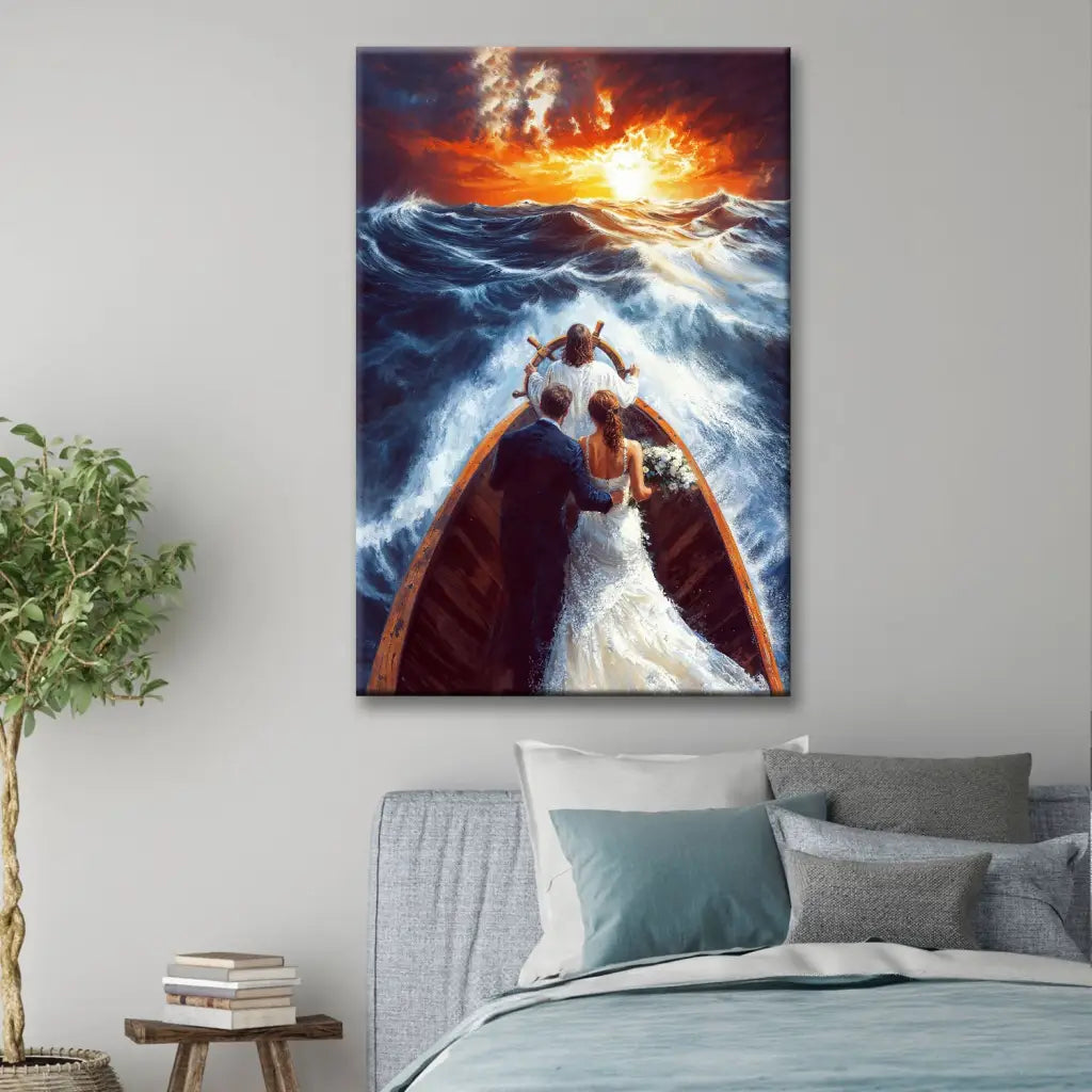 Canvas print of Jesus guiding a married couple through turbulent waters, emphasizing faith and hope in Christian art.