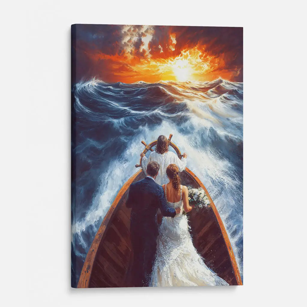 Christian wall art canvas showing Jesus guiding a married couple through a storm, symbolizing faith and divine guidance.