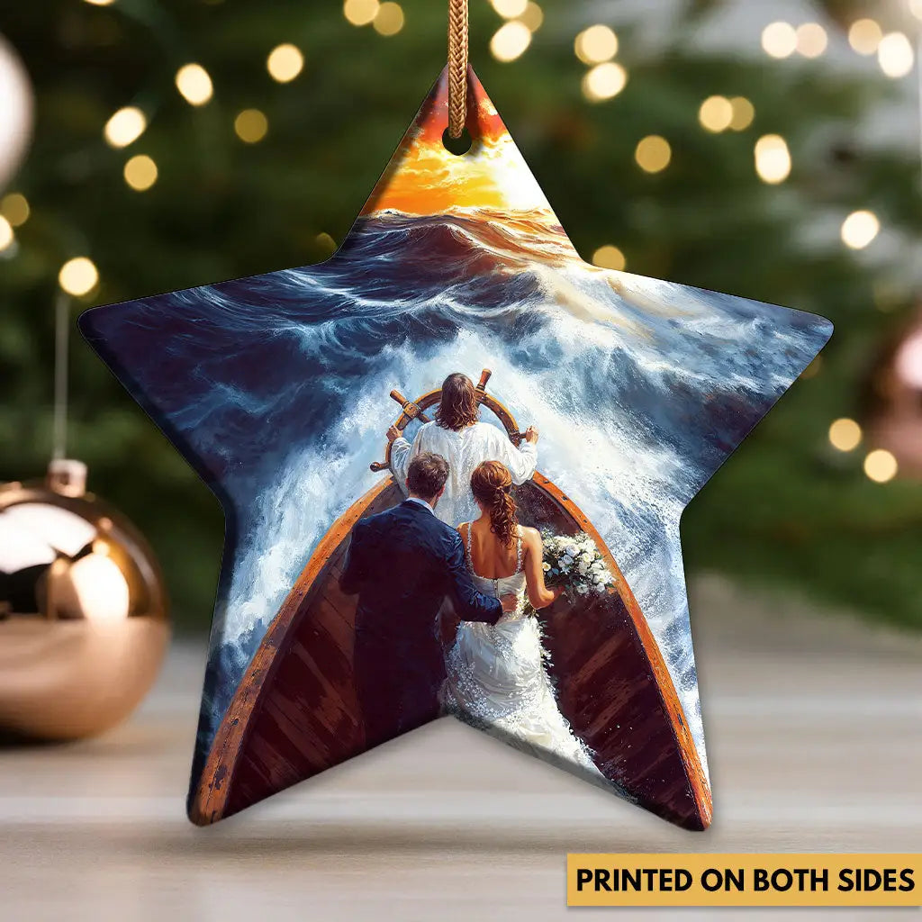 Christian gift ornament showing Jesus guiding husband and wife, symbol of hope, faith, and devotion.
